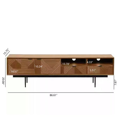 tv panel: 86.61" Retro Brown Solid Wood TV Cabinet with Storage and Drawers