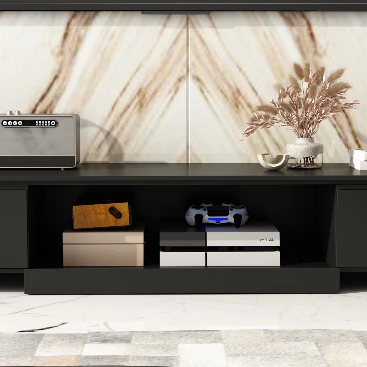 tv panel: Adjustable modern tv panel with expandable storage and low-profile matte black design