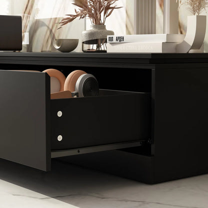 tv panel: Adjustable modern tv panel with expandable storage and low-profile matte black design