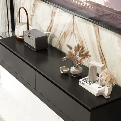 tv panel: Adjustable modern tv panel with expandable storage and low-profile matte black design