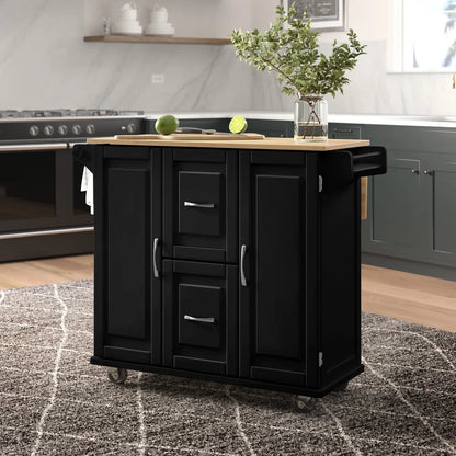 Kitchen Island Table: 44.5” Solid Wood Rolling Cart with Drop Leaf, Drawers, Cabinets &amp; Towel Racks