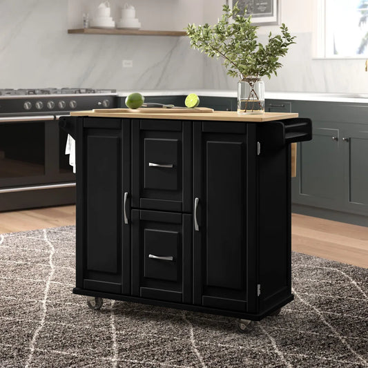 Kitchen Island Table: 44.5” Solid Wood Rolling Cart with Drop Leaf, Drawers, Cabinets &amp; Towel Racks