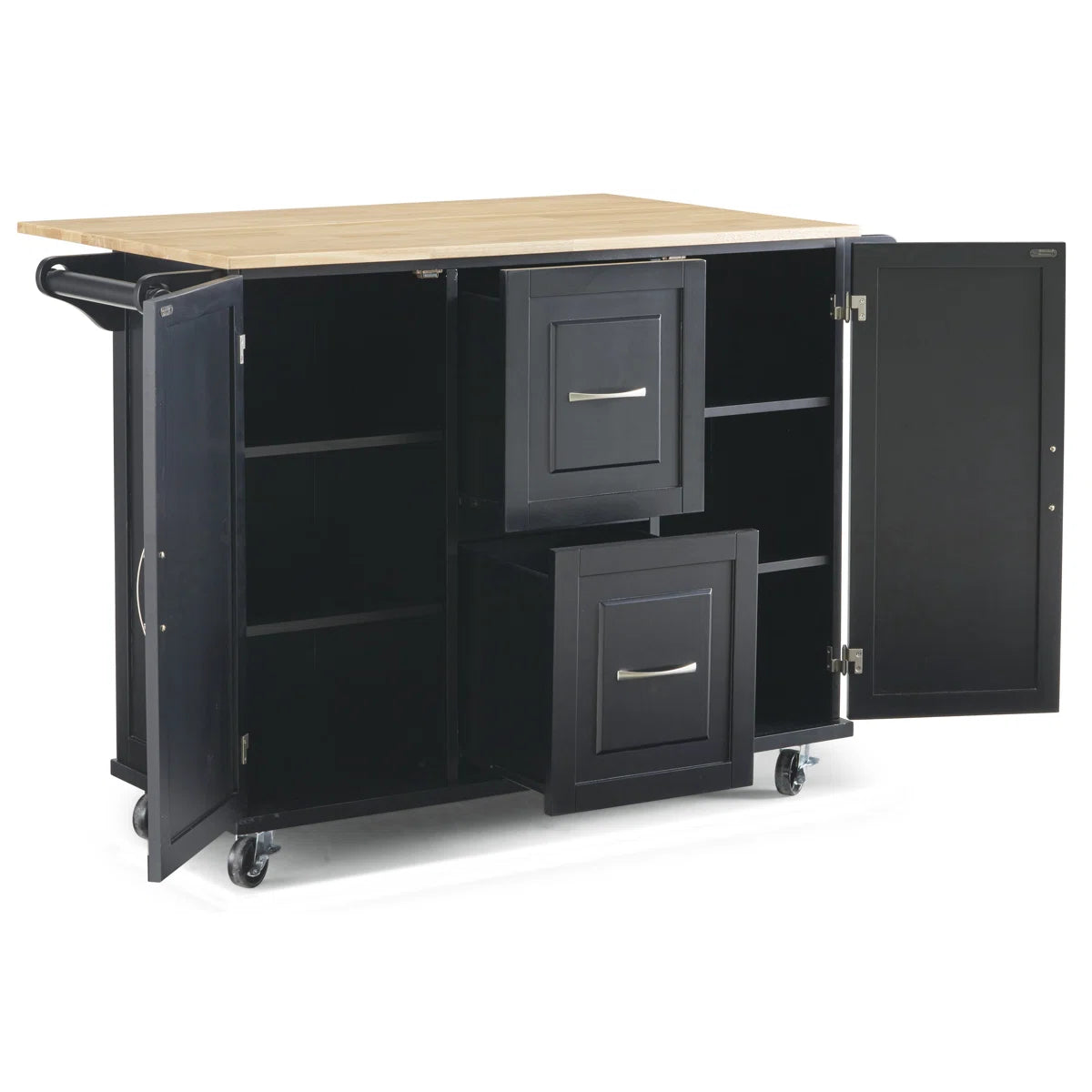 Kitchen Island Table: 44.5” Solid Wood Rolling Cart with Drop Leaf, Drawers, Cabinets &amp; Towel Racks