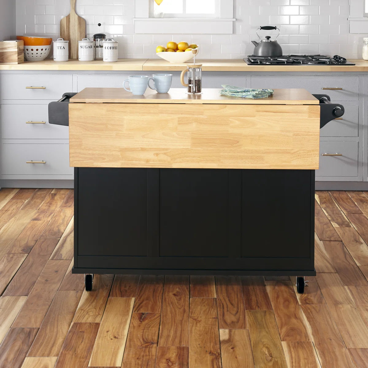 Kitchen Island Table: 44.5” Solid Wood Rolling Cart with Drop Leaf, Drawers, Cabinets &amp; Towel Racks