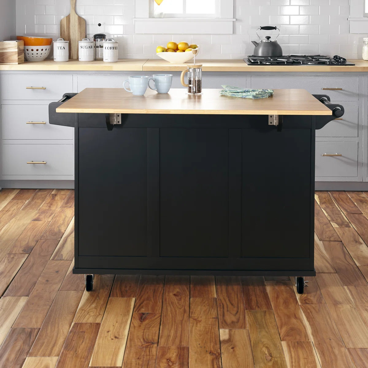 Kitchen Island Table: 44.5” Solid Wood Rolling Cart with Drop Leaf, Drawers, Cabinets &amp; Towel Racks