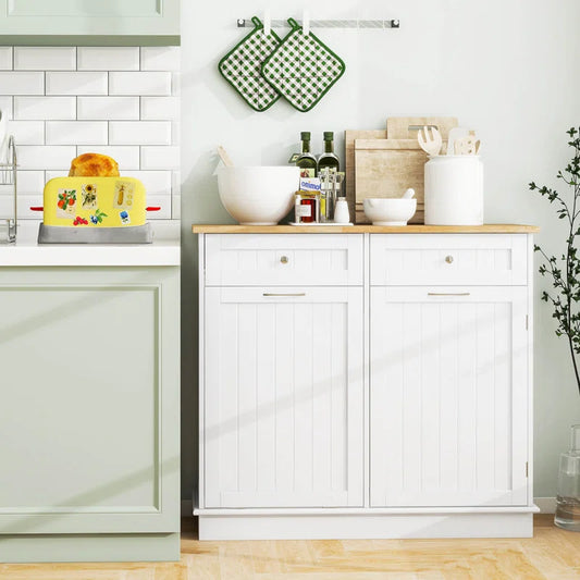 Kitchen Island Table: 39.5''Wide White Tilt-Out Trash Cabinet with Hidden Bin & Drawers
