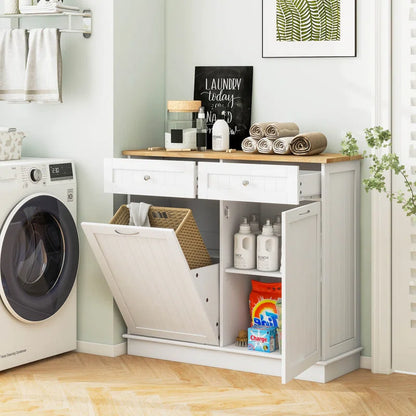 Kitchen Island Table: 39.5''Wide White Tilt-Out Trash Cabinet with Hidden Bin & Drawers