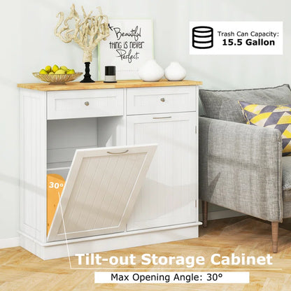 Kitchen Island Table: 39.5''Wide White Tilt-Out Trash Cabinet with Hidden Bin & Drawers