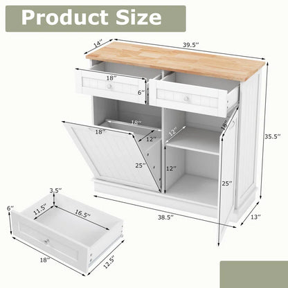 Kitchen Island Table: 39.5''Wide White Tilt-Out Trash Cabinet with Hidden Bin & Drawers