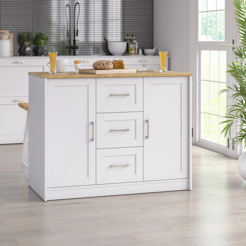 Kitchen Island Table: Elegant White Finish with Handy Storage Drawers
