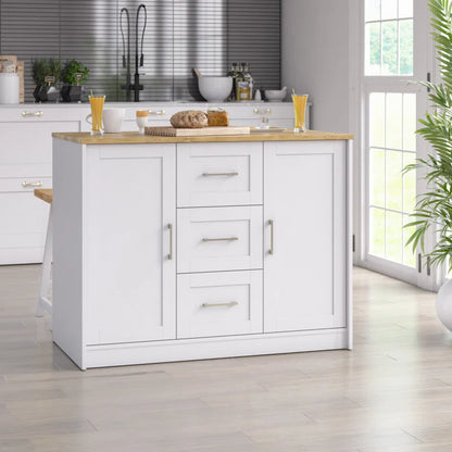 Kitchen Island Table: Elegant White Finish with Handy Storage Drawers