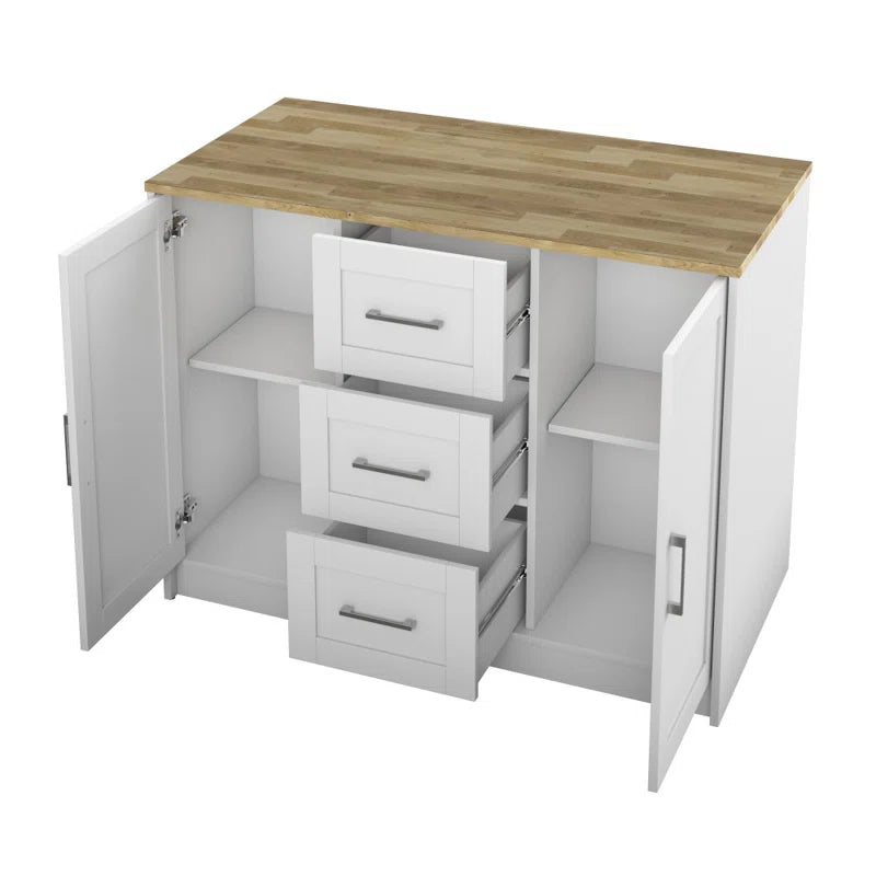 Kitchen Island Table: Elegant White Finish with Handy Storage Drawers