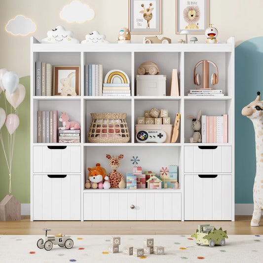 Kids Toy Storage Unit: 9-Cubby Bookcase with 5 Drawers for Toy & Book Storage