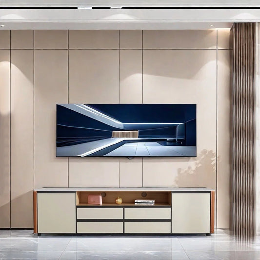 tv panel: American Style tv panel with Faux Leather Finish and Storage Shelves