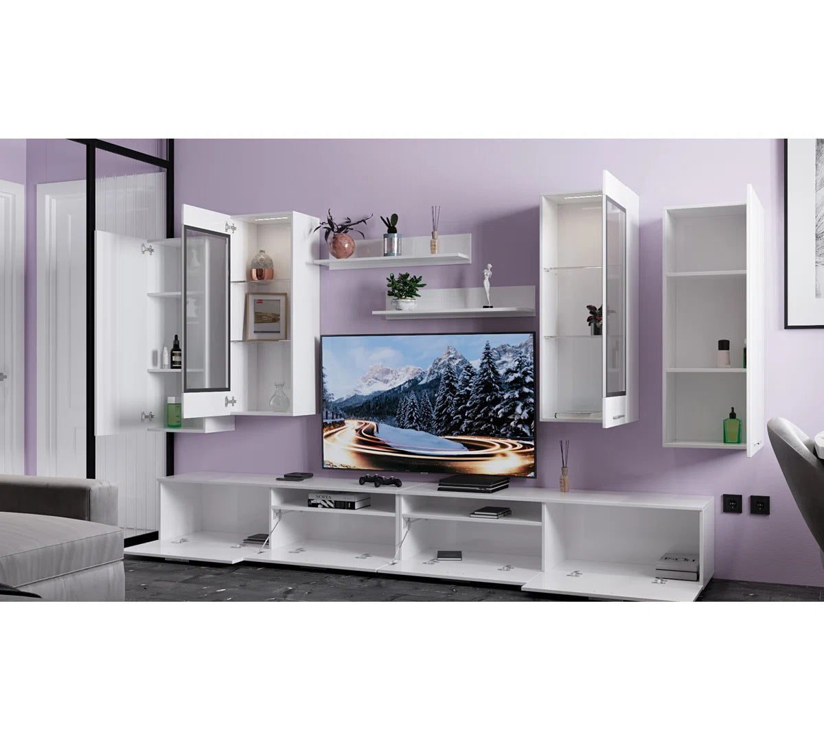 tv panel: Modern Entertainment Center for TVs up to 55" with Open Shelving