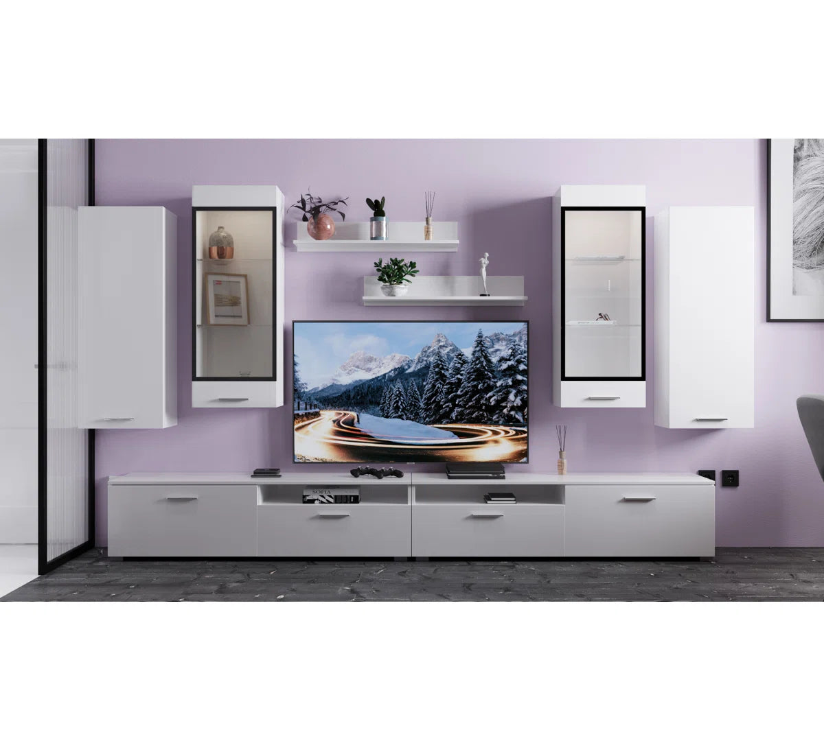 tv panel: Modern Entertainment Center for TVs up to 55" with Open Shelving