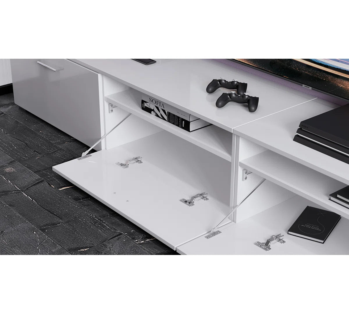 tv panel: Modern Entertainment Center for TVs up to 55" with Open Shelving