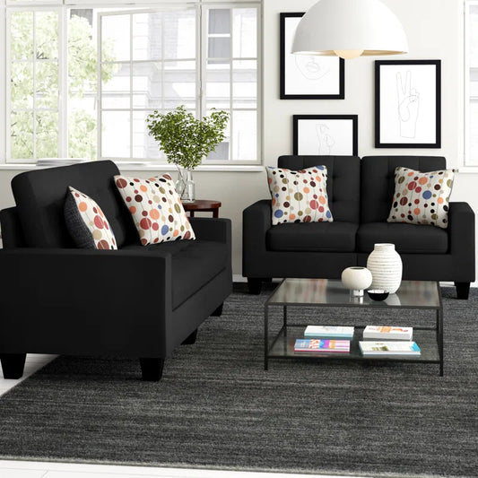 Luxury Sofa Sets: Black Contemporary 2-Piece Sofa & Loveseat Set with Biscuit Tufting and Throw Pillows
