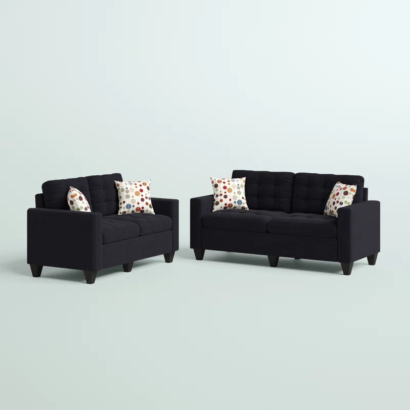 Luxury Sofa Sets: Black Contemporary 2-Piece Sofa & Loveseat Set with Biscuit Tufting and Throw Pillows