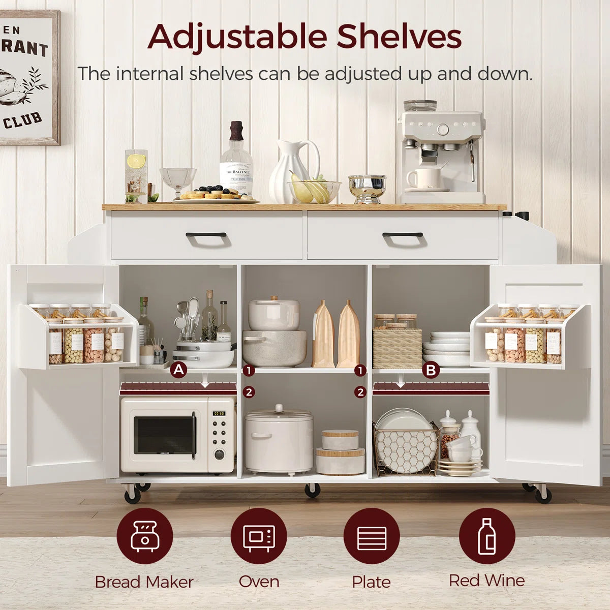 Kitchen Island Table: 52.8'' Foldable Kitchen Cart with Storage, Drawers, and Casters