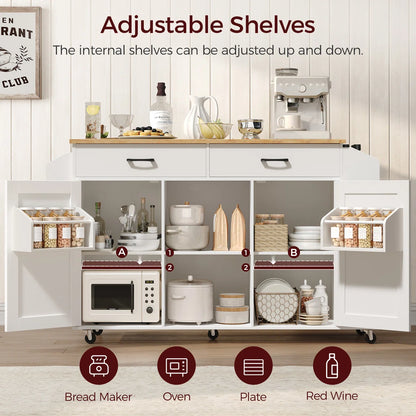 Kitchen Island Table: 52.8'' Foldable Kitchen Cart with Storage, Drawers, and Casters