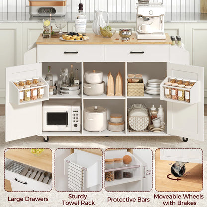 Kitchen Island Table: 52.8'' Foldable Kitchen Cart with Storage, Drawers, and Casters