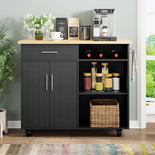 Kitchen Island Table: Rustic Two-Tone Cart with Storage Cabinets, Drawer &amp; Locking Wheels