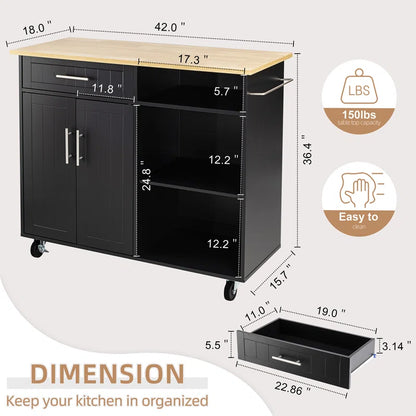 Kitchen Island Table: Rustic Two-Tone Cart with Storage Cabinets, Drawer &amp; Locking Wheels