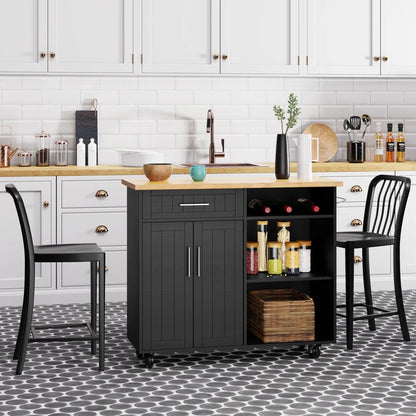 Kitchen Island Table: Rustic Two-Tone Cart with Storage Cabinets, Drawer &amp; Locking Wheels