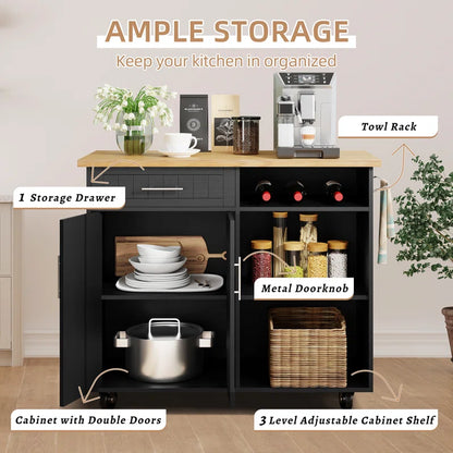Kitchen Island Table: Rustic Two-Tone Cart with Storage Cabinets, Drawer &amp; Locking Wheels