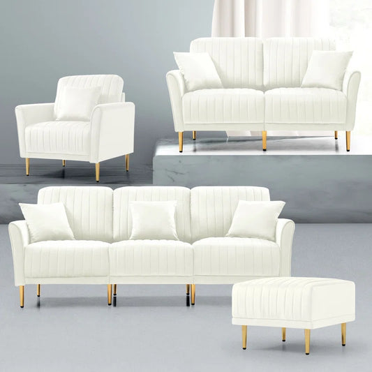 Luxury Sofa Sets: 4-Piece Velvet Sofa Set with Sofa, Loveseat, Chair & Ottoman – Gold Legs, Art Deco Design
