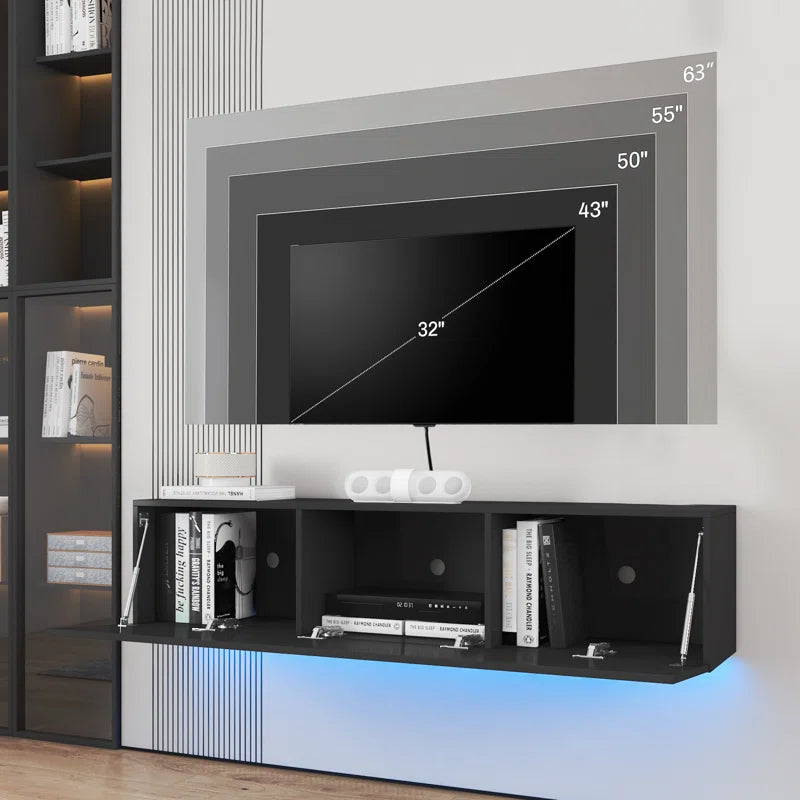 tv panel: 63" Floating TV Console with LED Lighting and Hidden Media Storage