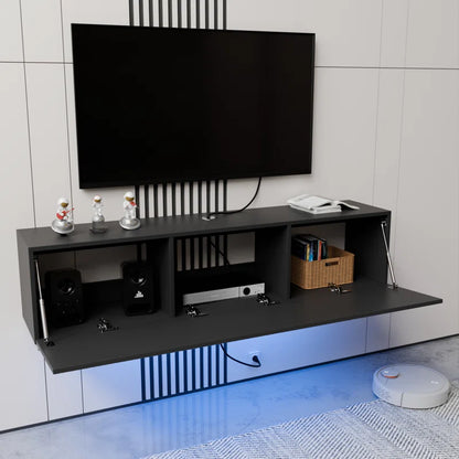 tv panel: 63" Floating TV Console with LED Lighting and Hidden Media Storage