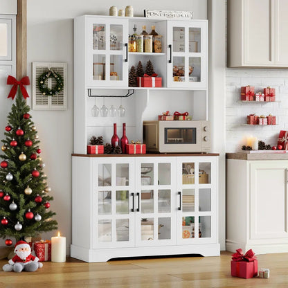 Microwave Stands: 70.9" Glass Door Kitchen Hutch with Microwave Stand