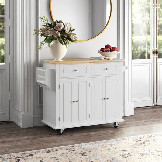 Kitchen Island Table: 35.4’’ wide White Kitchen Cart with Solid Wood Top & Storage Cabinets