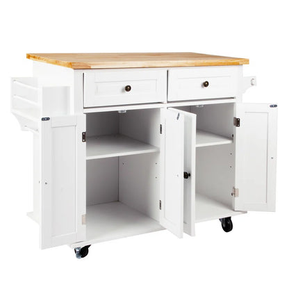 Kitchen Island Table: 35.4’’ wide White Kitchen Cart with Solid Wood Top & Storage Cabinets