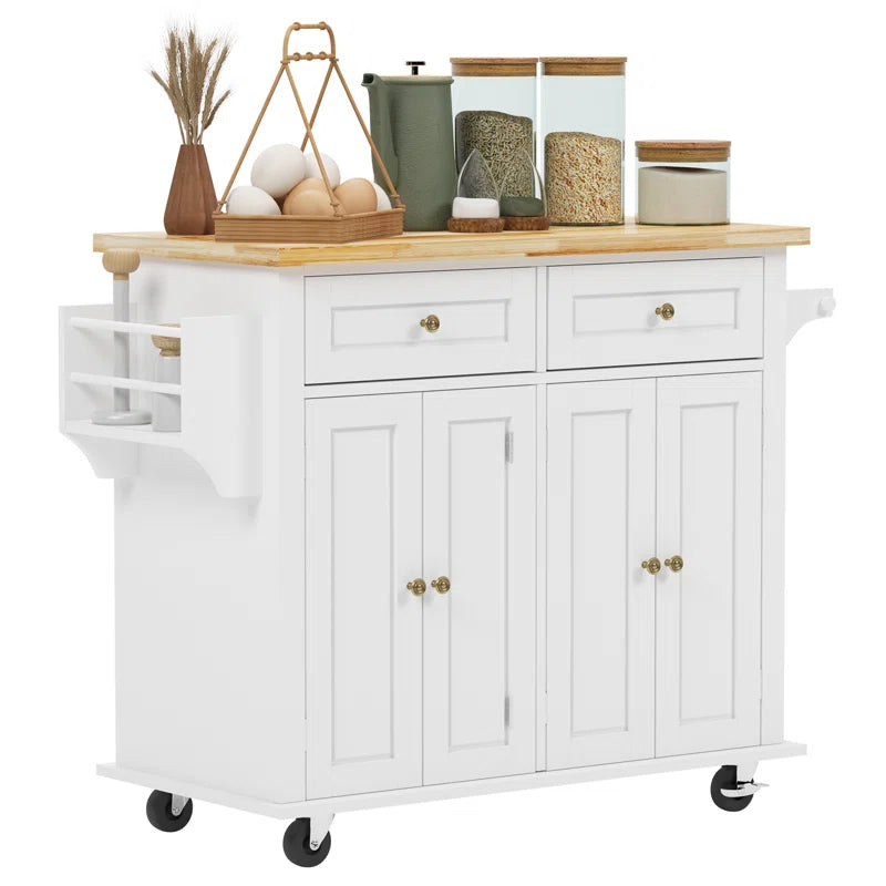 Kitchen Island Table: 35.4’’ wide White Kitchen Cart with Solid Wood Top & Storage Cabinets