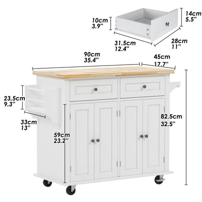 Kitchen Island Table: 35.4’’ wide White Kitchen Cart with Solid Wood Top & Storage Cabinets