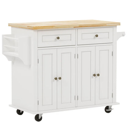 Kitchen Island Table: 35.4’’ wide White Kitchen Cart with Solid Wood Top & Storage Cabinets
