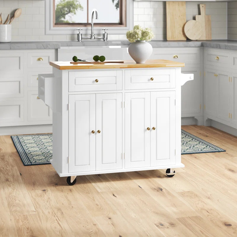 Kitchen Island Table: 35.4’’ wide White Kitchen Cart with Solid Wood Top & Storage Cabinets