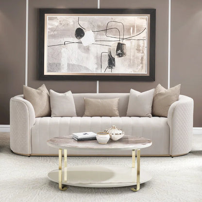Luxury Sofa Sets: 2-Piece Beige Velvet Sofa with Gold Accents & Faux-Marble Coffee Table