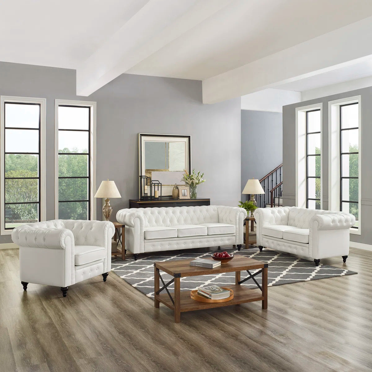 Luxury Sofa Sets: 3-Piece Faux Leather Chesterfield Sofa, Loveseat & Chair with Tufted Design
