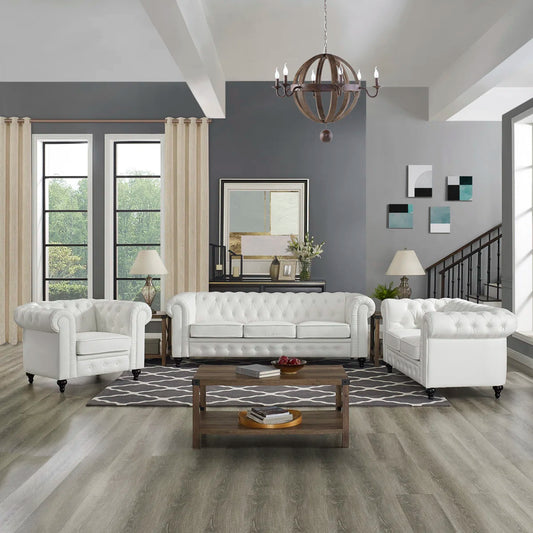 Luxury Sofa Sets: 3-Piece Faux Leather Chesterfield Sofa, Loveseat & Chair with Tufted Design