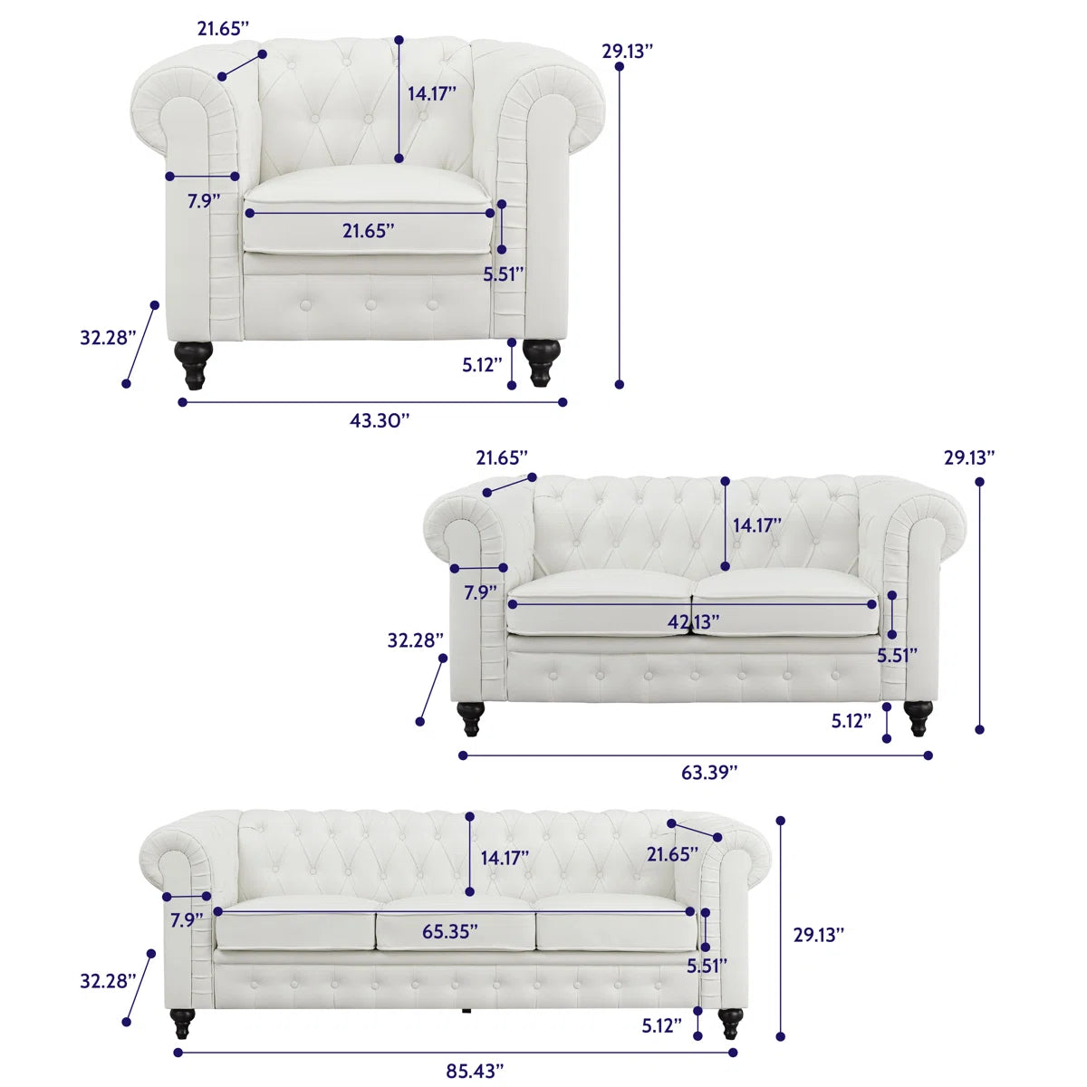 Luxury Sofa Sets: 3-Piece Faux Leather Chesterfield Sofa, Loveseat & Chair with Tufted Design