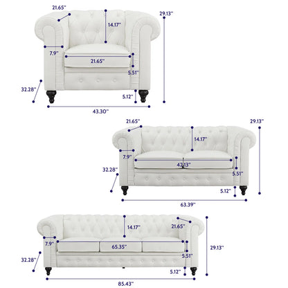 Luxury Sofa Sets: 3-Piece Faux Leather Chesterfield Sofa, Loveseat & Chair with Tufted Design