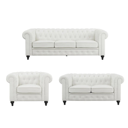 Luxury Sofa Sets: 3-Piece Faux Leather Chesterfield Sofa, Loveseat & Chair with Tufted Design