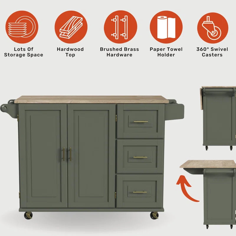 Kitchen Island Table: 53.5'' Wide Classic Wooden Rolling Cart with Drop Leaf & Ample Storage