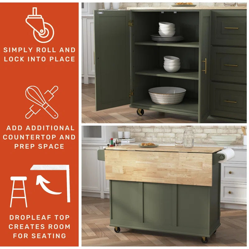 Kitchen Island Table: 53.5'' Wide Classic Wooden Rolling Cart with Drop Leaf & Ample Storage