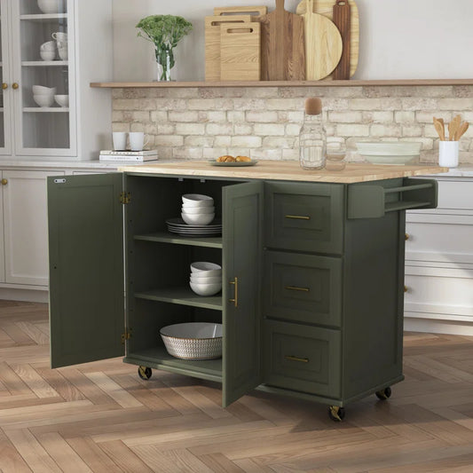 Kitchen Island Table: 53.5'' Wide Classic Wooden Rolling Cart with Drop Leaf & Ample Storage