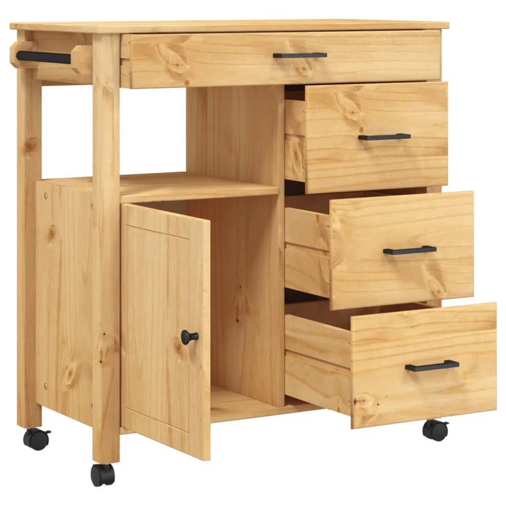Kitchen Island Table: Vintage Pine Wood Kitchen Trolley with 4 Drawers & Door, Wheeled Storage Cart